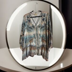 One World Teal & Blue LS V neck 3X Women's Top Graphic Designs. Mesh S & Hem.